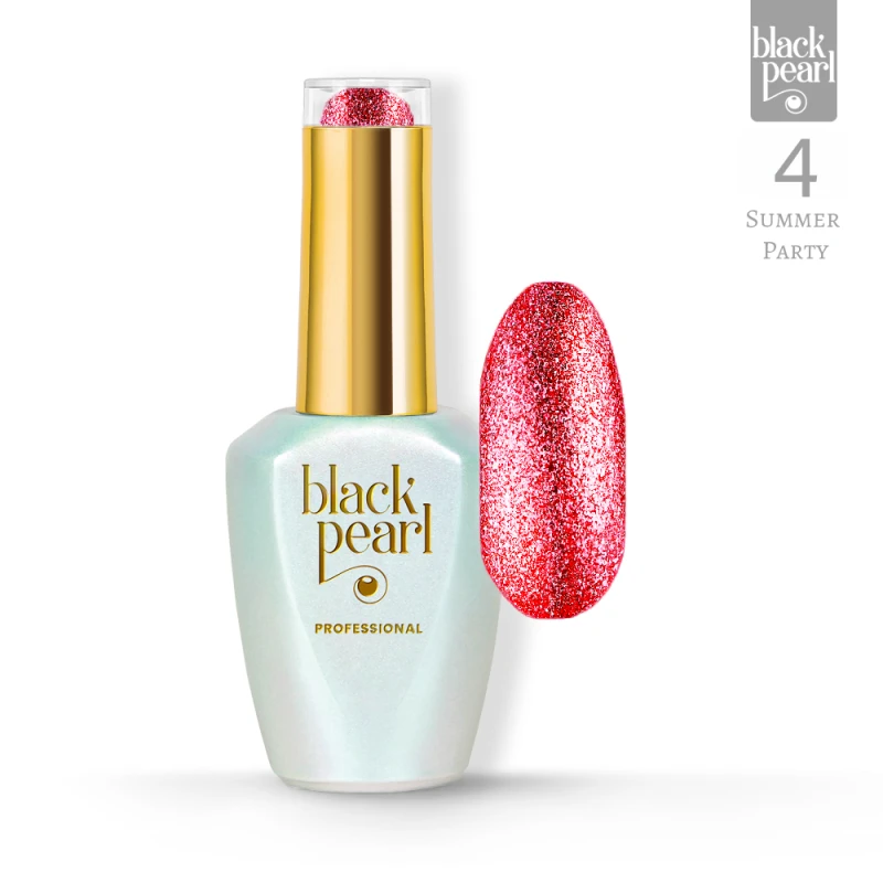 lakier hybrydowy czerwony z drobinkami Summer Party 4 na paznokciach