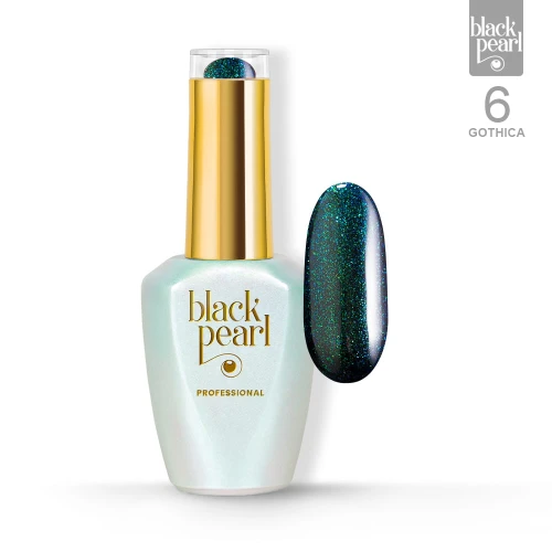Lakier hybrydowy czarny z zieloną drobinką 10 ml – Gothica 6 efekt glow