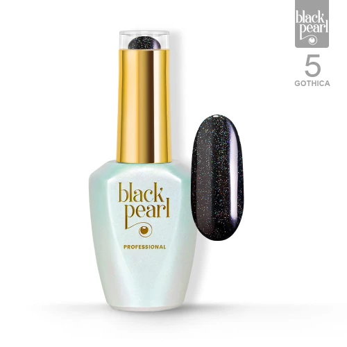 Lakier hybrydowy czarny z wielokolorową drobinką 10 ml – Gothica 5 efekt multikolor