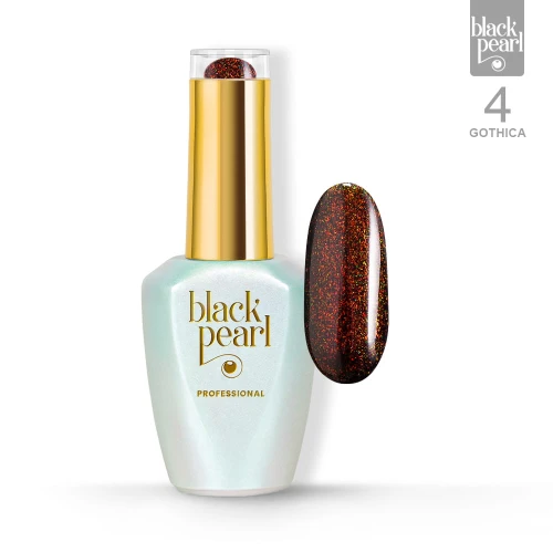 Lakier hybrydowy czarny ze złoto-pomarańczową drobinką 10 ml – Gothica 4 efekt glow